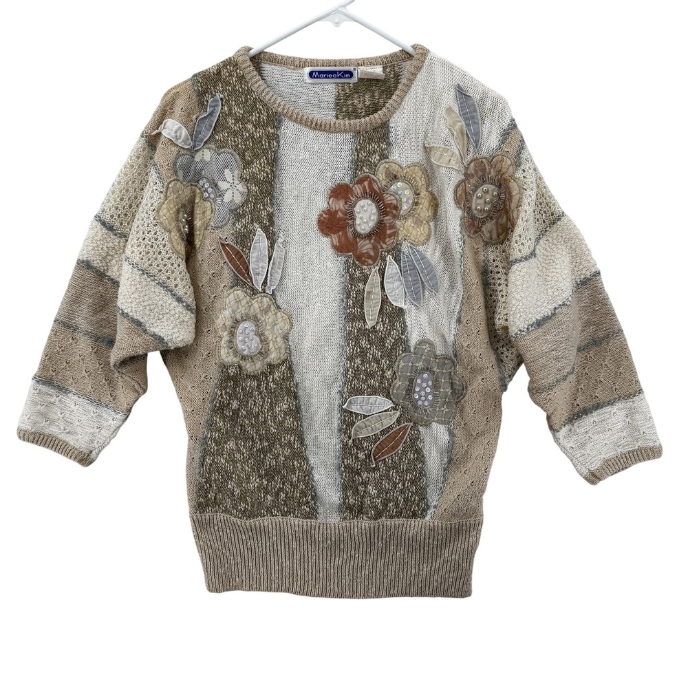 Mariea‎ Kim Sweater Womens Medium Patchwork Floral Knit 3D Flowers Boho Unique
